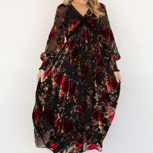 Baltic Born Adele Velvet Dress | Black + Rose Floral Size SS
